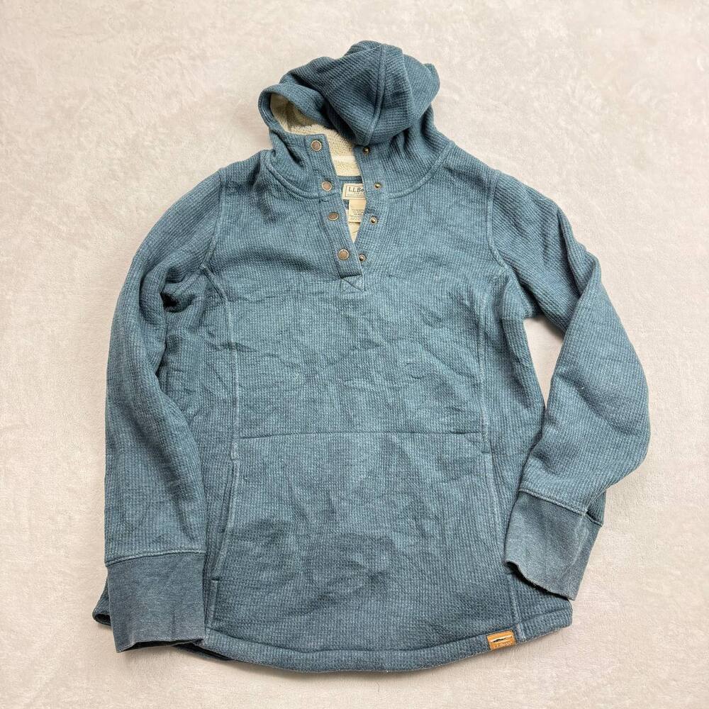 L.L. Bean Women's Blue Hoodie Size S Sherpa Lined Waffle Knit Pullover Henley
